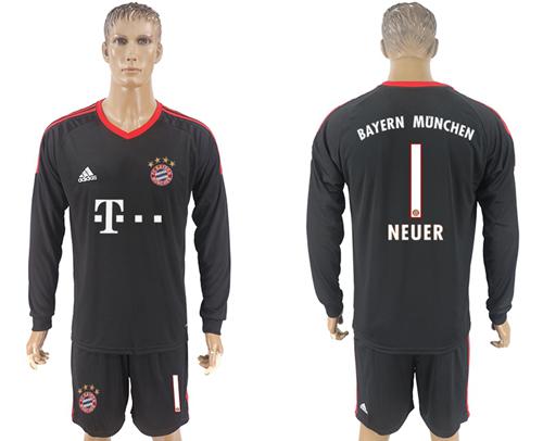 Bayern Munchen #1 Neuer Black Goalkeeper Long Sleeves Soccer Club Jersey - Click Image to Close